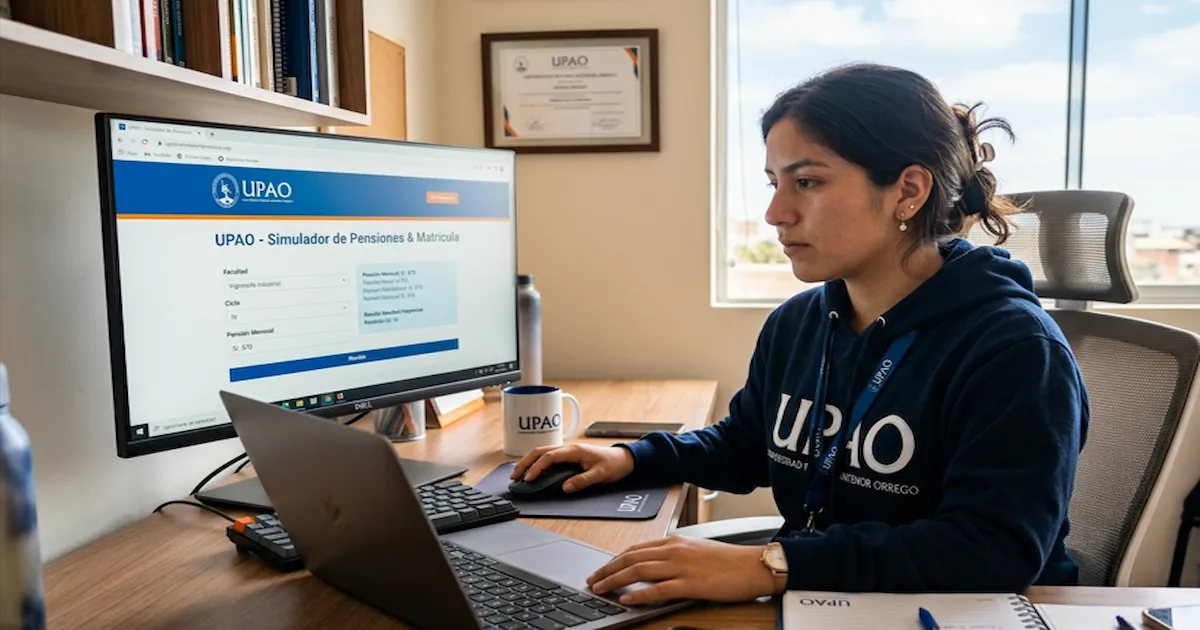 Estudiante peruano usando calculadora UPAO 2026 en laptop para calcular promedio ponderado