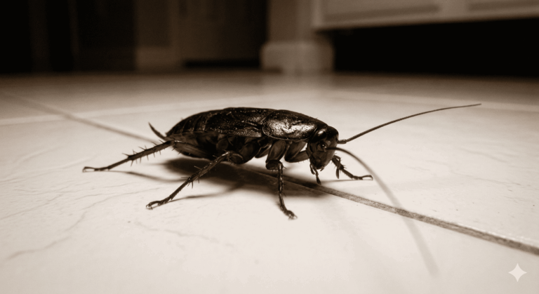 Fotografía a ras de suelo de un insecto rastrero negro caminando sobre las baldosas blancas de una cocina