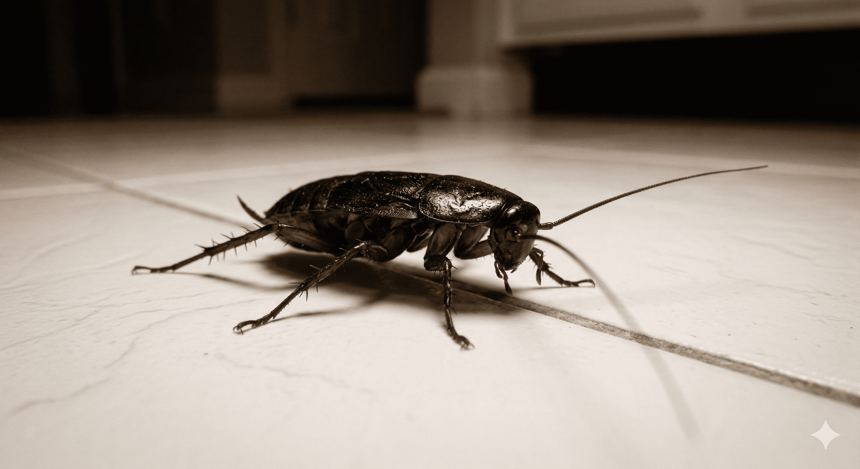 Fotografía a ras de suelo de un insecto rastrero negro caminando sobre las baldosas blancas de una cocina