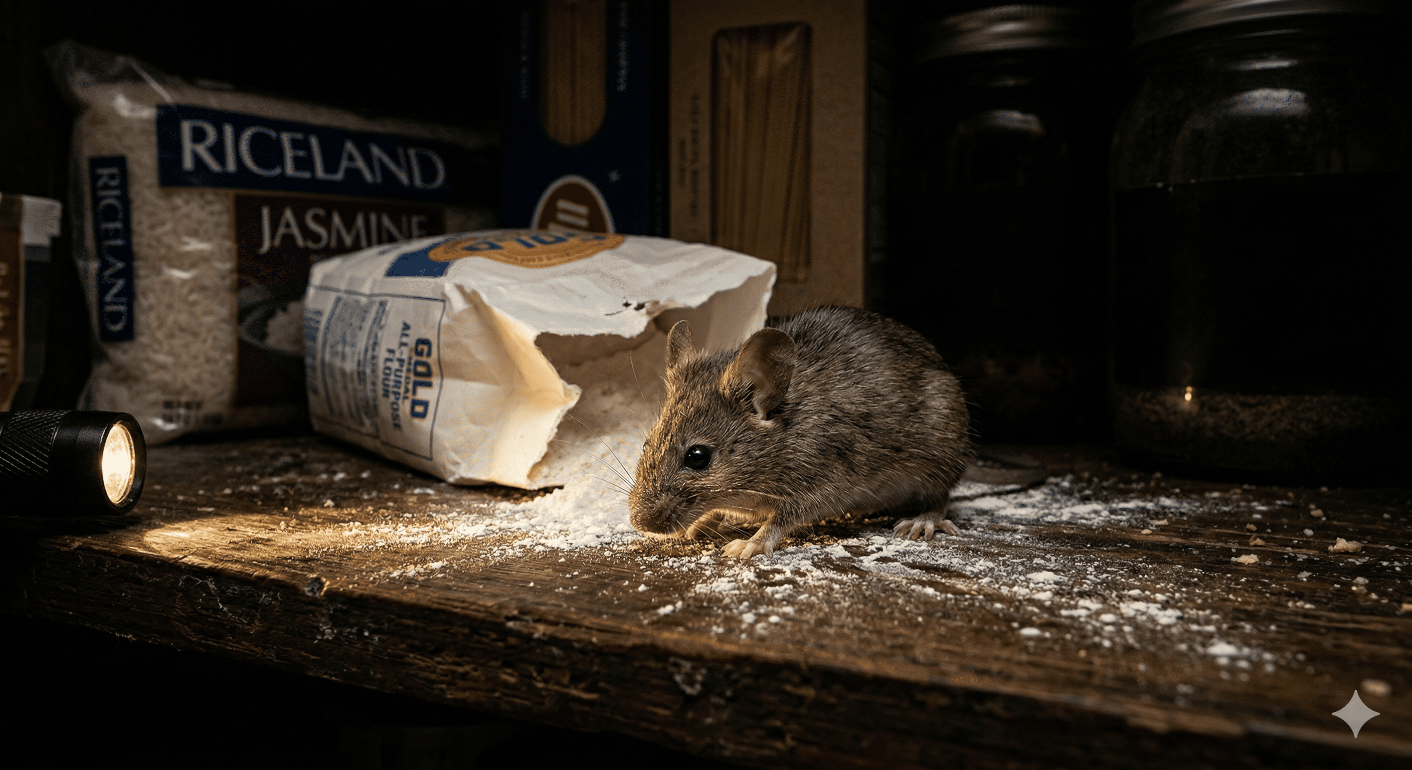 Fotografía macro de un ratón casero plateado buscando comida en una despensa de cocina oscura