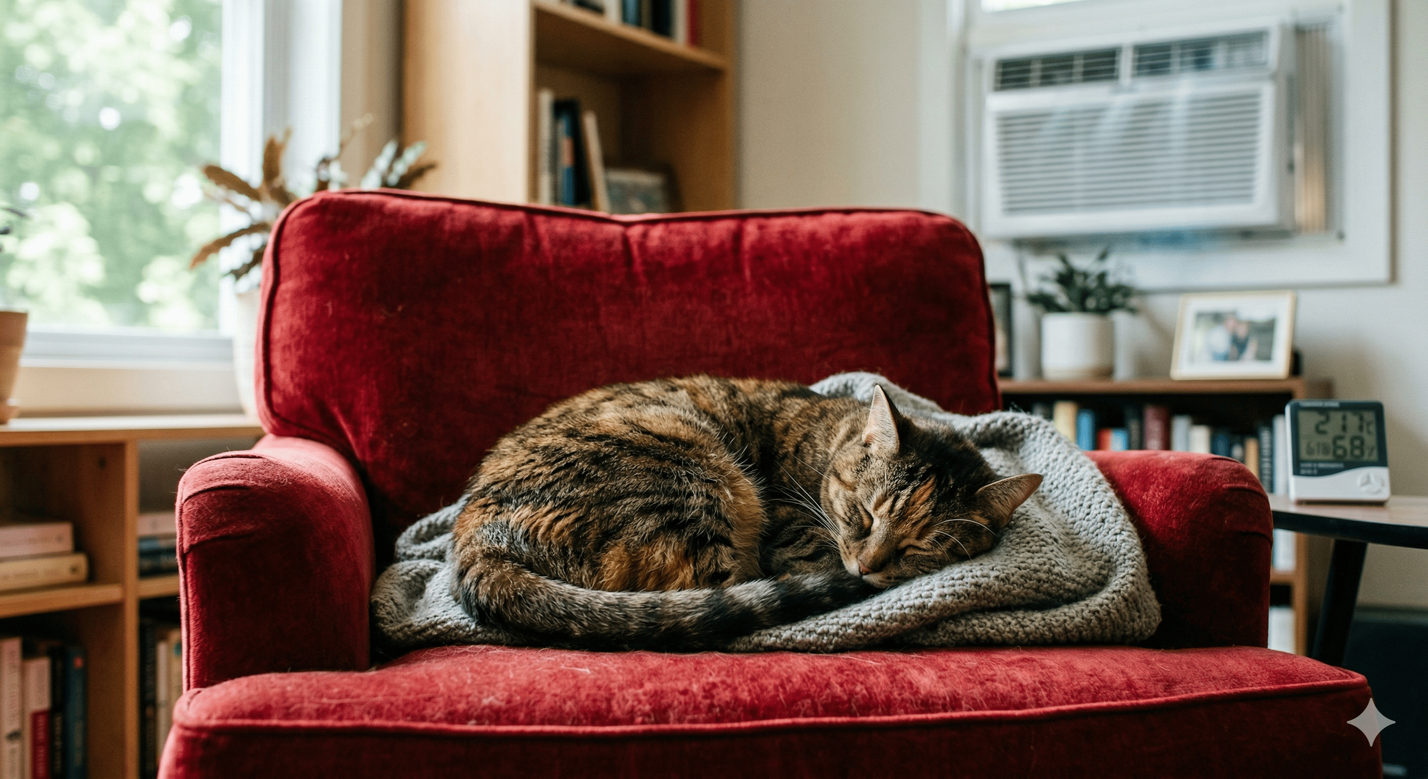 Fotografía de un gato atigrado durmiendo acurrucado en un sillón rojo por el frío del aire acondicionado