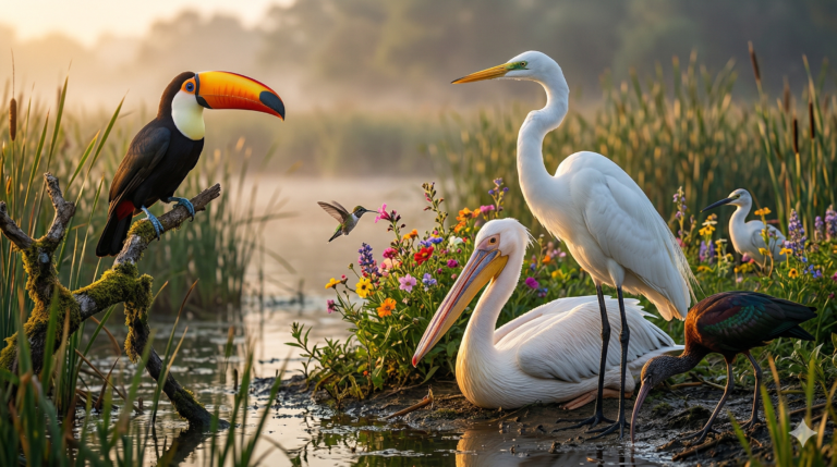 Diferentes tipos de aves de pico largo y patas largas como la garza, pelícano, tucán y colibrí en un humedal.