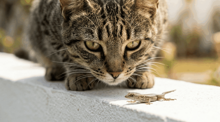 Fotografía macro de un gato atigrado doméstico con mirada intensa acechando a una pequeña lagartija