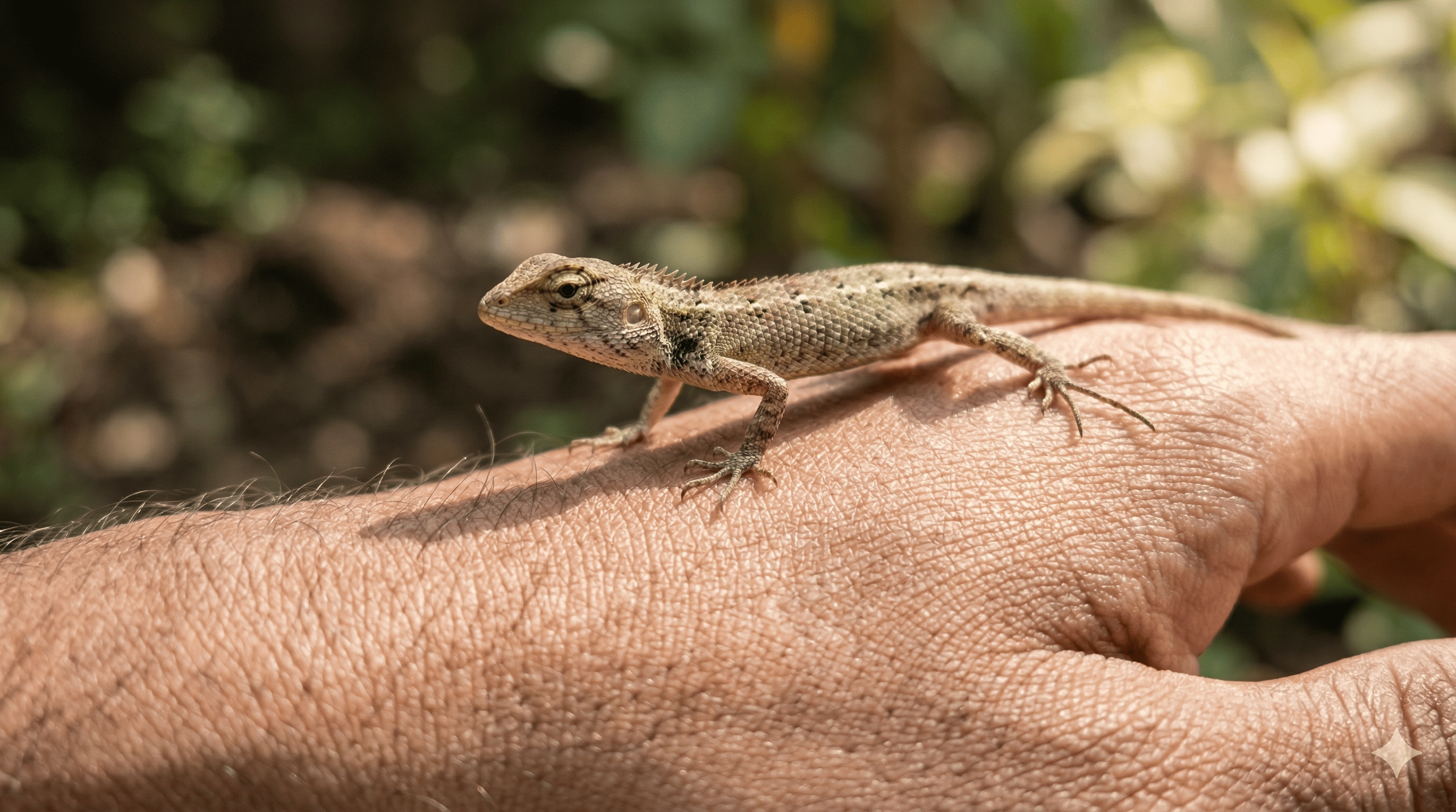 Fotografía macro de una pequeña lagartija inofensiva caminando sobre la mano de una persona para mostrar su naturaleza segura