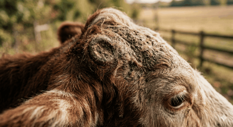 Detalle macro anatómico de la cabeza de una vaca mostrando la base de crecimiento del cuerno