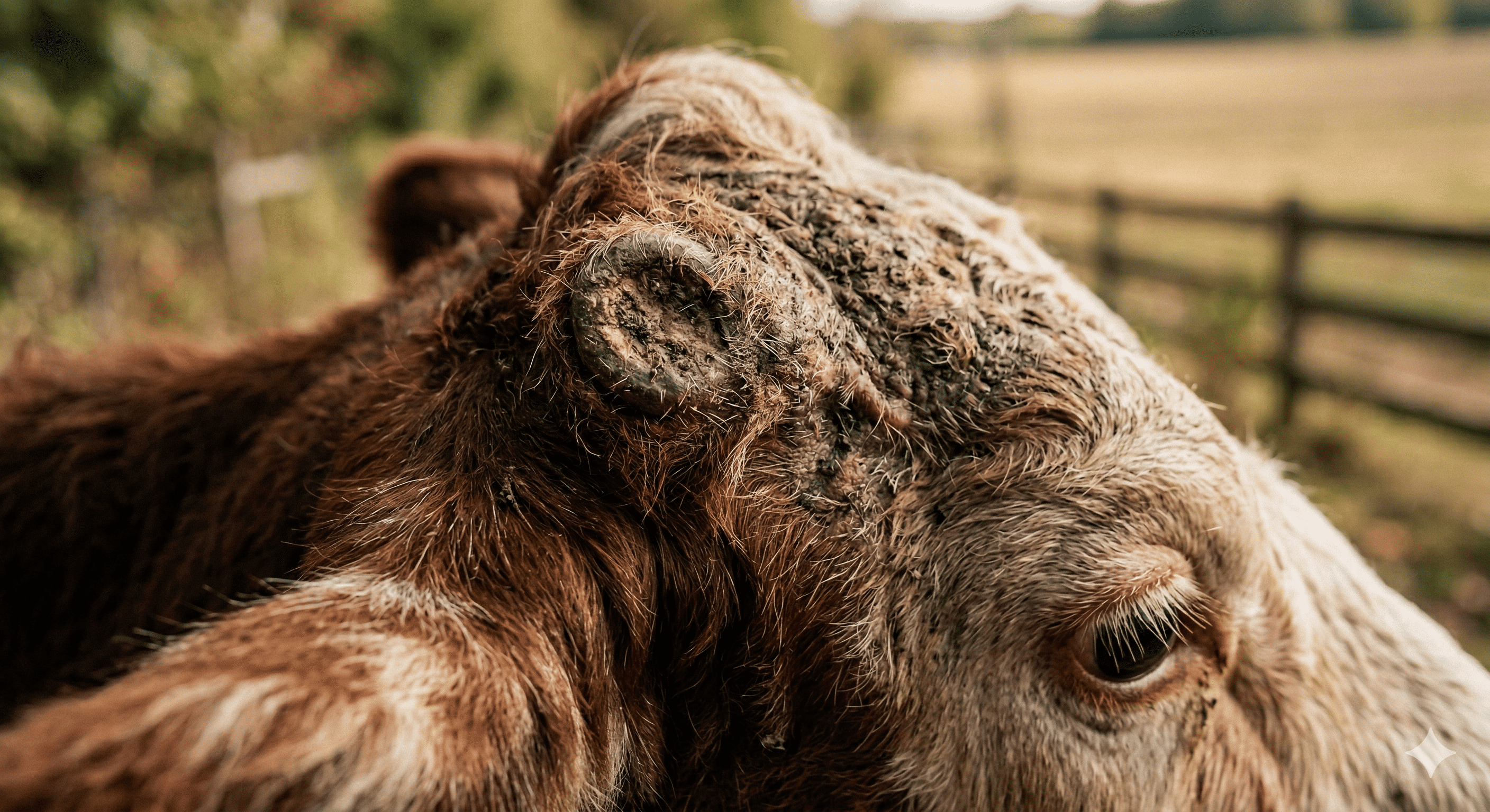 Detalle macro anatómico de la cabeza de una vaca mostrando la base de crecimiento del cuerno