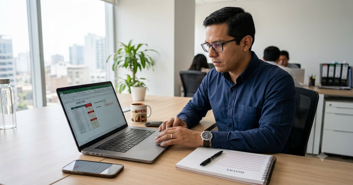 Oficina peruana usando calculadora de días hábiles 2026 en laptop