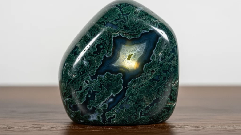 Imagen detallada de una Ágata Musgosa, mostrando sus patrones únicos y su belleza natural.