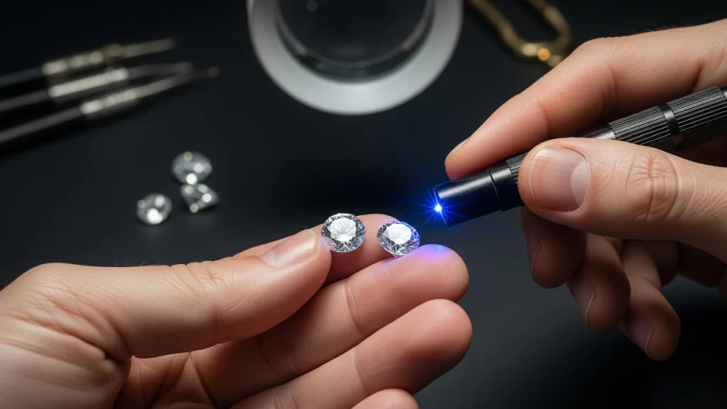 Mano de un gemólogo usando una herramienta láser para probar dos piedras parecidas, una de las cuales brilla con una luz azul para revelar que es auténtica