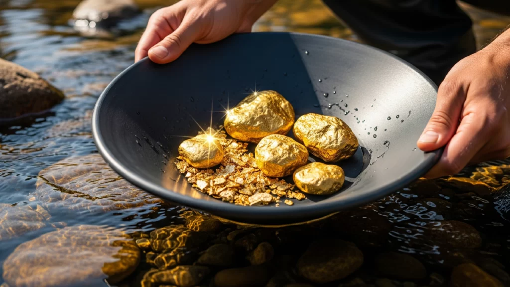 Manos sosteniendo una batea con grandes pepitas de oro brillantes sobre la tierra de un río, representando el descubrimiento de oro en un terreno.