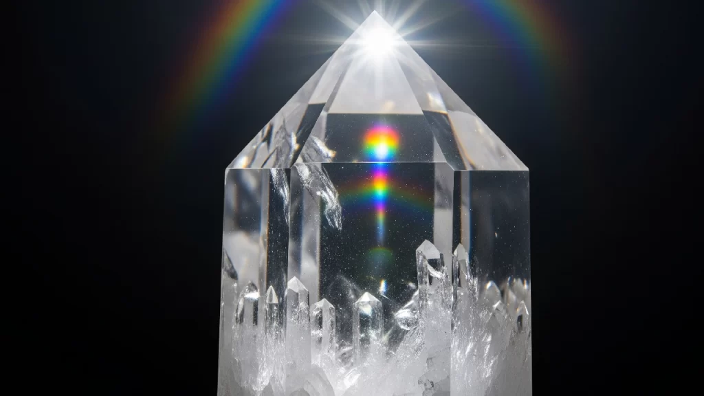 Primer plano de una punta de cristal de cuarzo transparente, destacando su claridad impecable y la refracción de la luz que crea un efecto de arcoíris sobre un fondo oscuro.