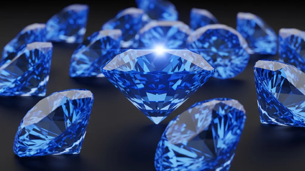 Imagen detallada de diamantes azules, mostrando su brillo y color intenso.