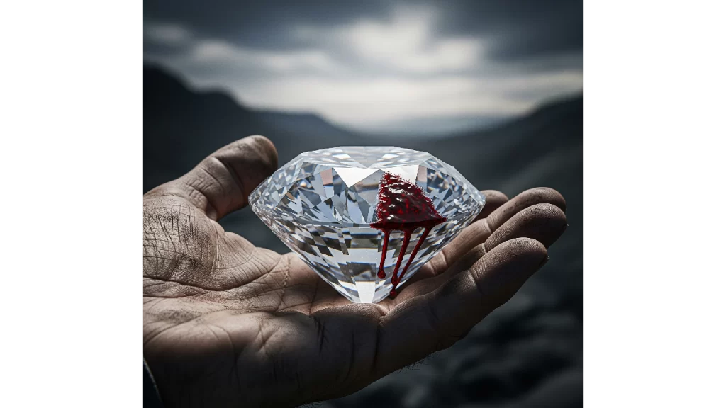 Un diamante brillante manchado de rojo sostenido en la palma de una mano sucia, representando el conflicto y el costo humano de los diamantes de sangre.
