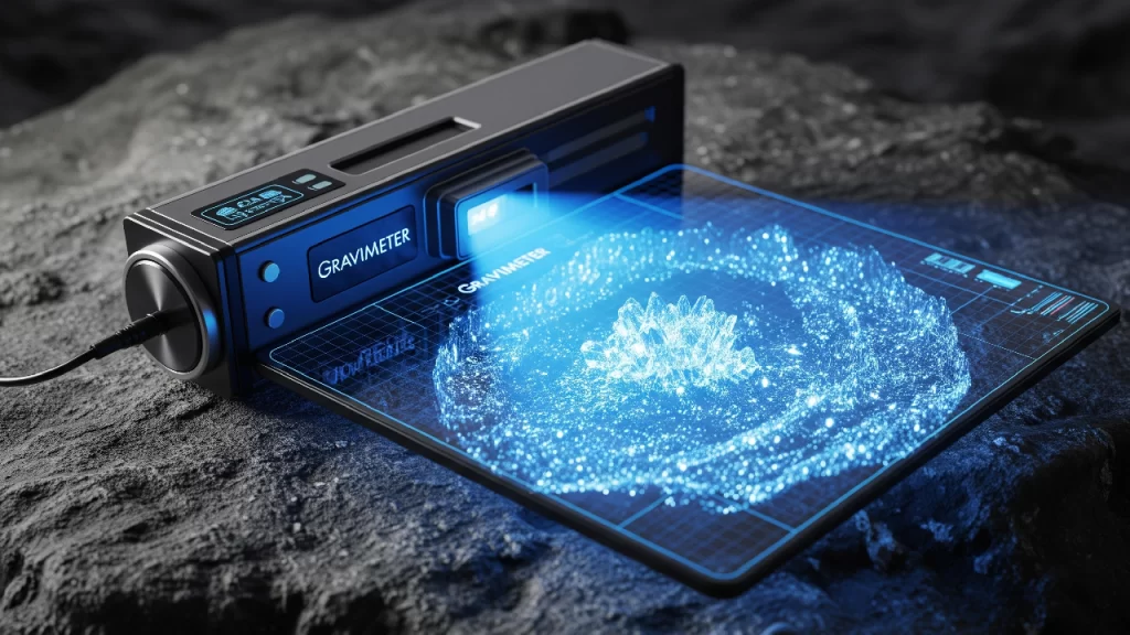 Un gravímetro futurista sobre una roca proyectando un mapa holográfico que muestra un gran depósito de minerales subterráneo.
