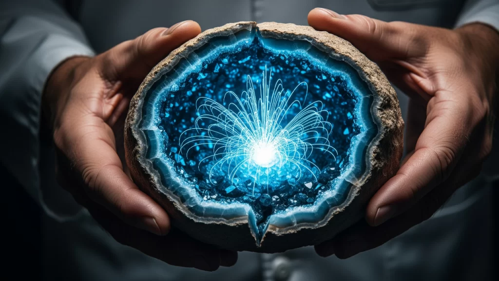 Geoda abierta mostrando cristales azules luminosos que ilustran el magnetismo de los minerales y las rocas.