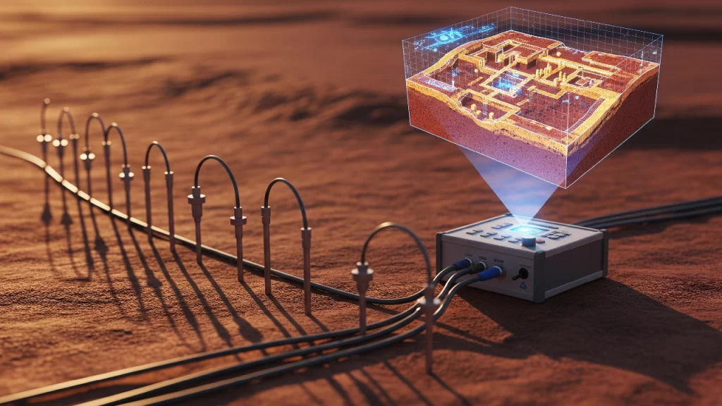 Estudio geofísico al atardecer con electrodos en el suelo que proyectan un holograma 3D, revelando una ciudad subterránea antigua.