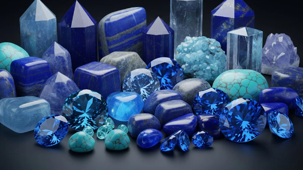 Una colección de diversos minerales y piedras preciosas azules, incluyendo lapislázuli, zafiro y turquesa, brillando con colores intensos y vibrantes sobre un fondo oscuro