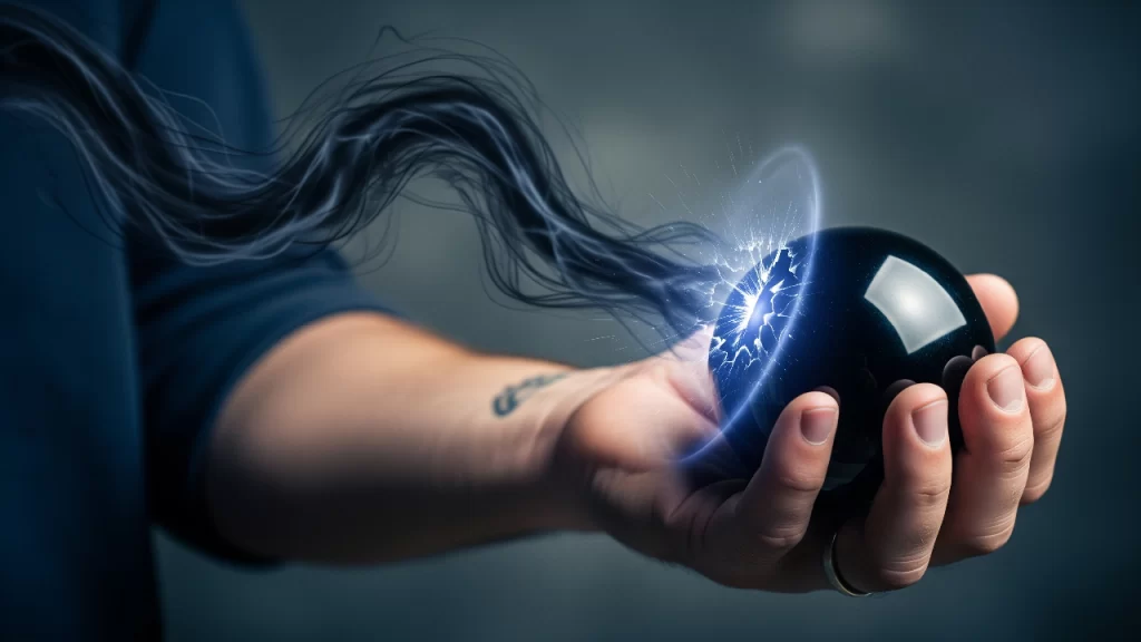 Mano sosteniendo una esfera de obsidiana negra que repele una energía oscura con un escudo de poder invisible, demostrando para qué sirve la piedra.