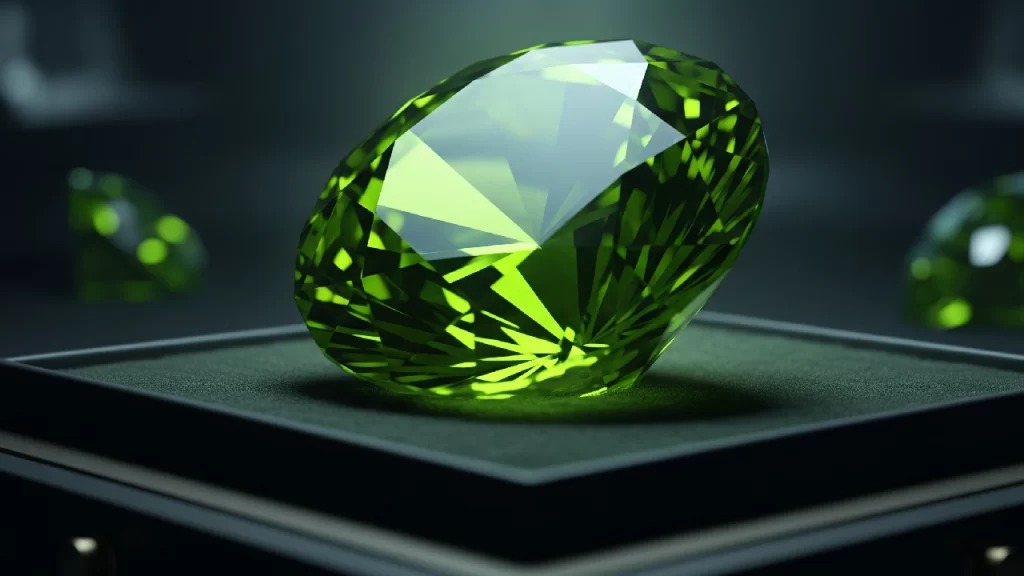 Imagen detallada de un Peridoto, mostrando su color verde intenso y brillo característico.