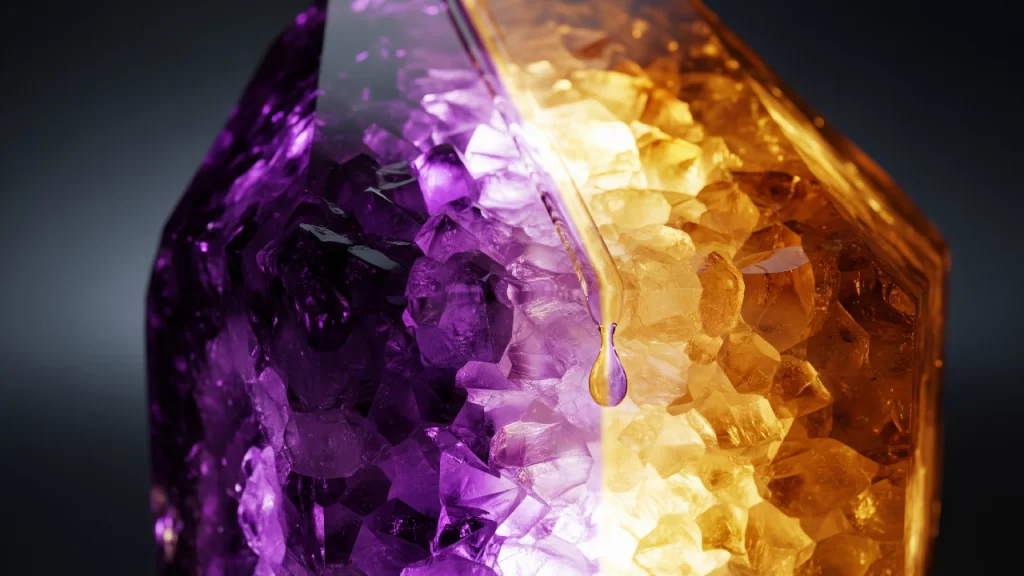 Primer plano macro de un cristal de Ametrino en bruto, mitad púrpura y mitad amarillo, que brilla con una luz interior sobre un fondo oscuro.