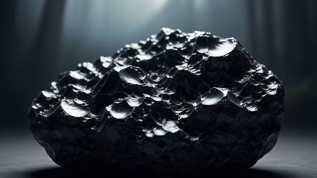 Imagen detallada de una piedra Obsidiana, mostrando su color negro intenso y textura vítrea.