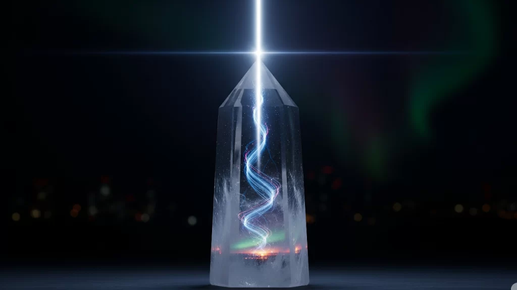 Punta de cristal de cuarzo blanco sobre una superficie oscura, absorbiendo energía de colores y emitiendo un potente rayo de luz blanca, demostrando sus propiedades de amplificación.