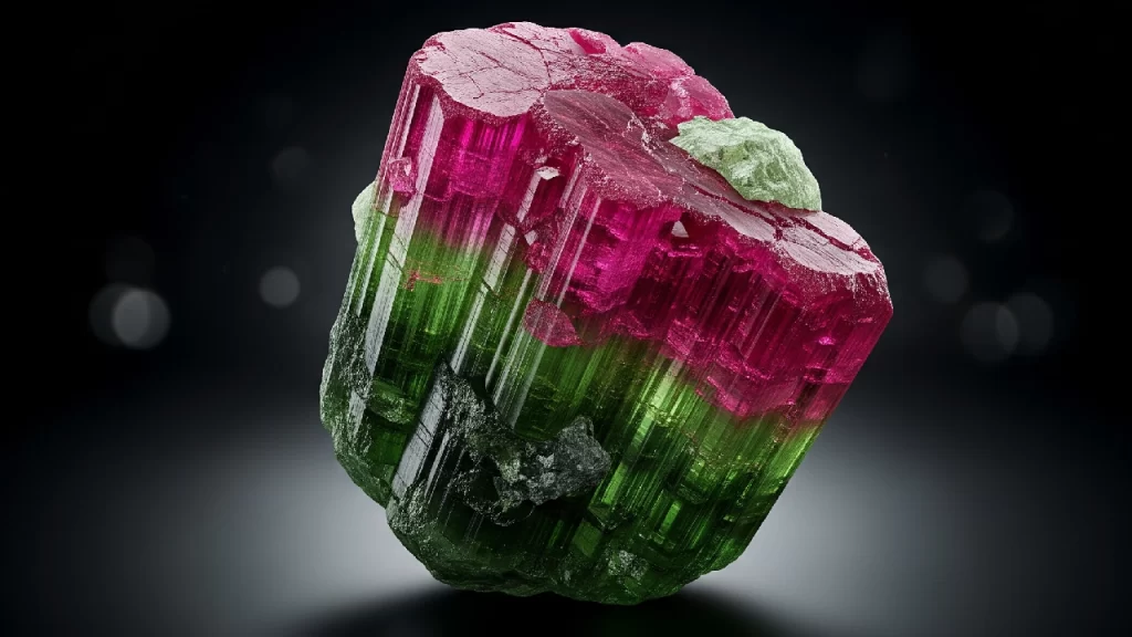 Imagen detallada de una Turmalina Sandía, mostrando sus característicos colores rosa y verde.