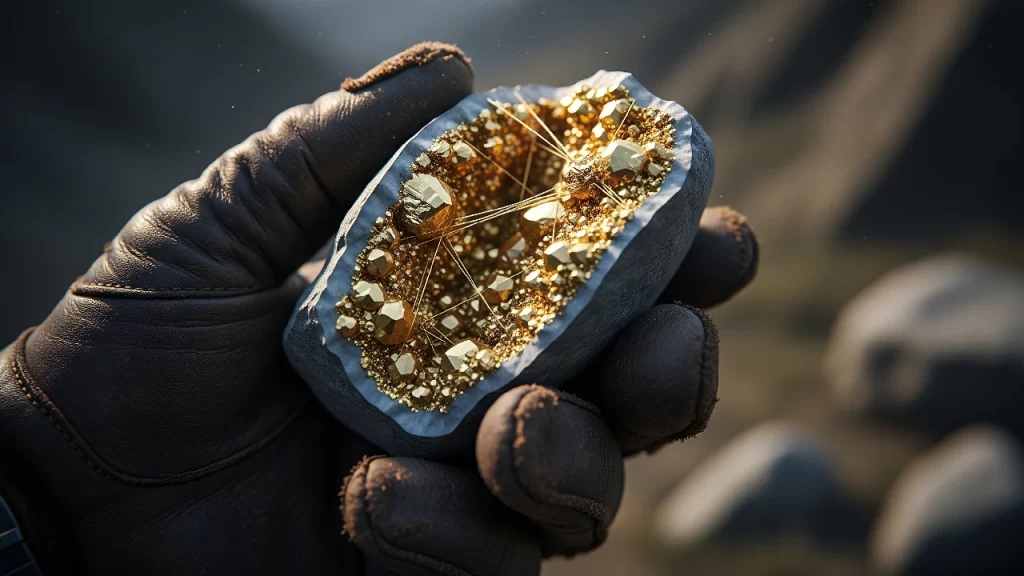 Una mano con guante de cuero sosteniendo una roca recién partida que revela brillantes vetas de oro puro en su interior