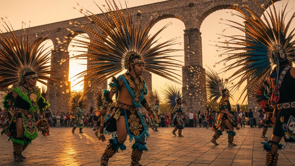 Danzantes concheros con penachos de plumas coloridas bailando frente al histórico Acueducto de Querétaro, representando una de las tradiciones más importantes de la ciudad al atardecer.