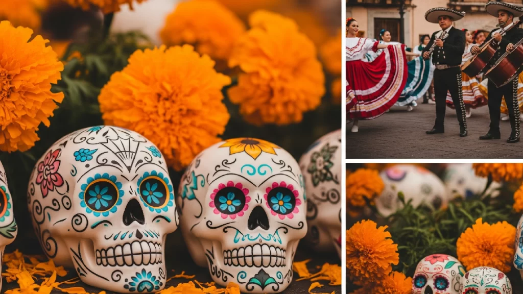 Collage vibrante de costumbres mexicanas con calaveras de azúcar del Día de Muertos, flores de cempasúchil y mariachis en una fiesta popular.