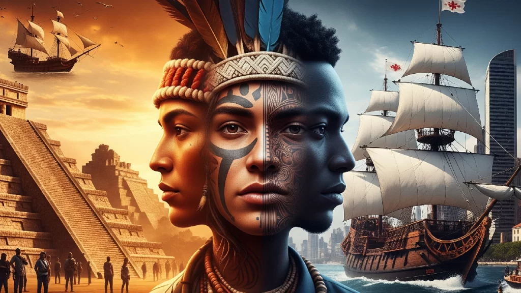 Representación visual del mestizaje en América Latina, mostrando la fusión de herencias indígena, europea y africana que da origen a la diversidad cultural del continente, con símbolos históricos de fondo.