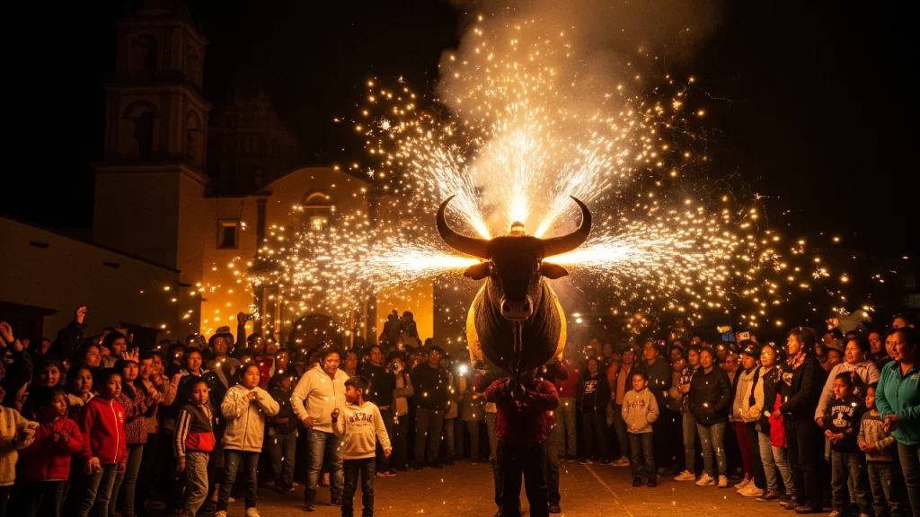 Celebración nocturna en San Andrés Cuexcontitlán con la quema de un "torito" de pirotecnia que ilumina a la multitud festejando frente a la iglesia.