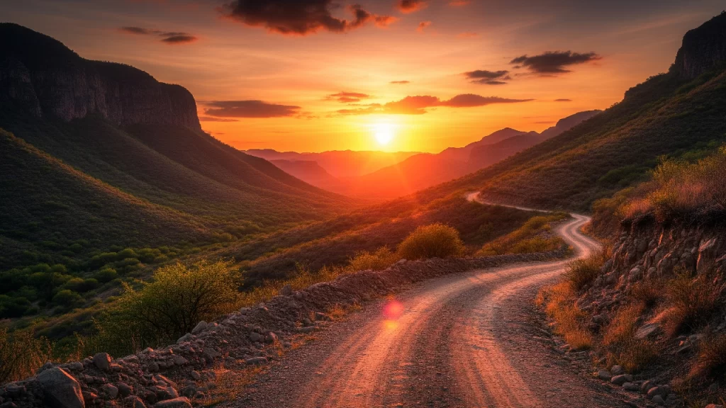 Paisaje de la región de Tierra Caliente en México, que abarca Michoacán, Guerrero y el Estado de México, con un atardecer dramático sobre las montañas y un camino de tierra.
