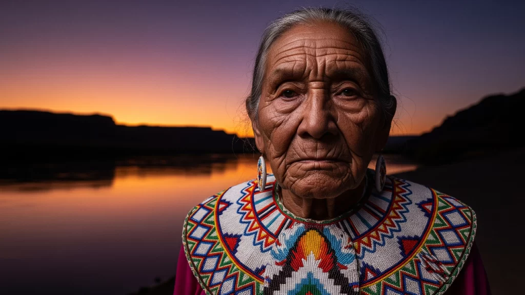 Anciano del pueblo Cucapá portando un collar de chaquira tradicional a orillas del Río Colorado, representando las costumbres y la herencia ancestral de la comunidad en el desierto.