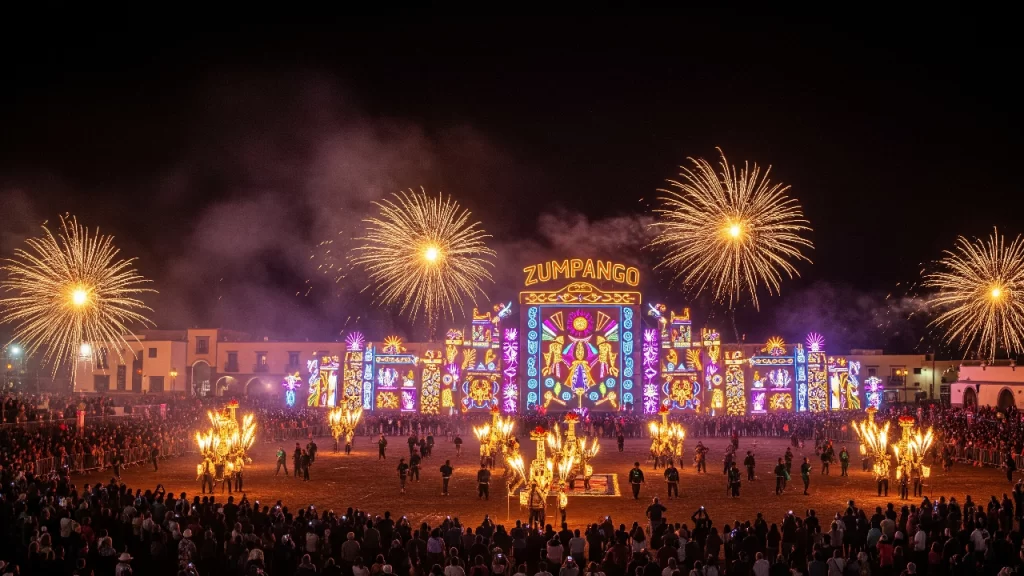 Espectacular castillo de fuegos artificiales ilumina la noche en la feria patronal de Zumpango, Estado de México, mostrando la colorida y vibrante tradición pirotécnica de la región.