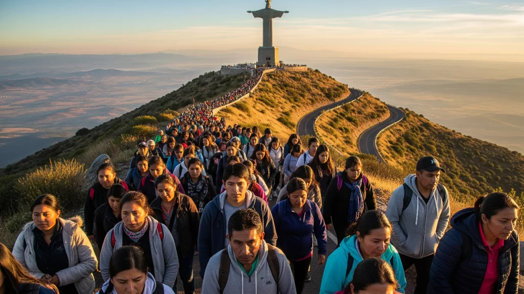 Fieles peregrinos ascendiendo por el camino al Cerro del Cubilete en Silao, con el monumento a Cristo Rey iluminado por el sol del amanecer al fondo.