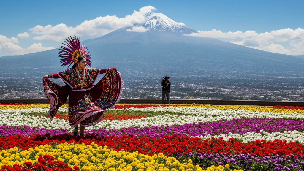 Bailarín con traje regional colorido celebrando el festival Huey Atlixcáyotl en Atlixco, Puebla, con el majestuoso volcán Popocatépetl de fondo.