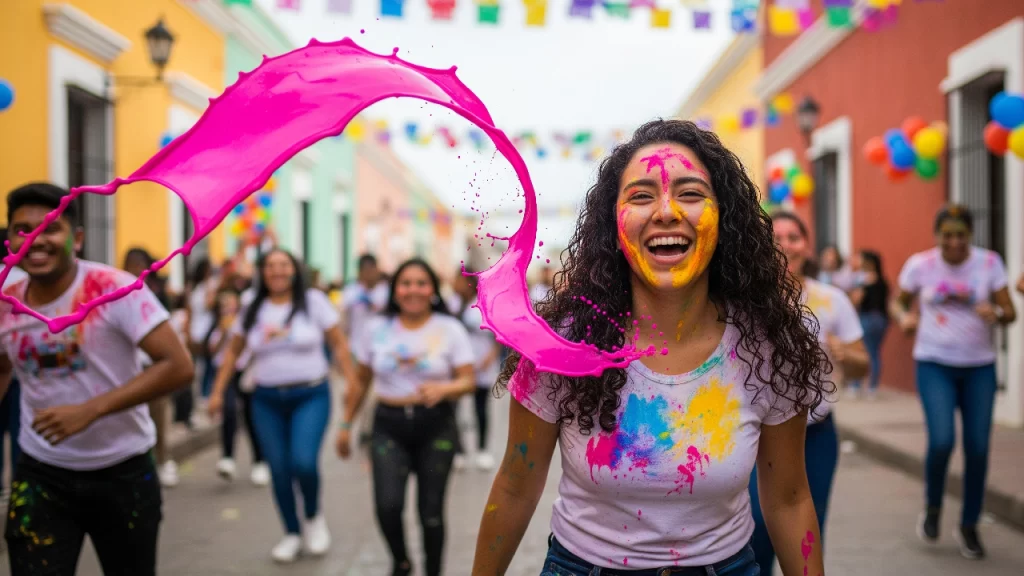 Mujer joven riendo mientras es cubierta de pintura durante el 'Martes de Pintadera', la colorida y enérgica tradición que cierra el carnaval de Campeche.