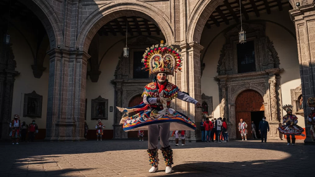 Danzante de los Santiagueros en plena actuación con su vibrante traje y máscara tradicional frente a la iglesia histórica de Chalco durante la fiesta patronal.