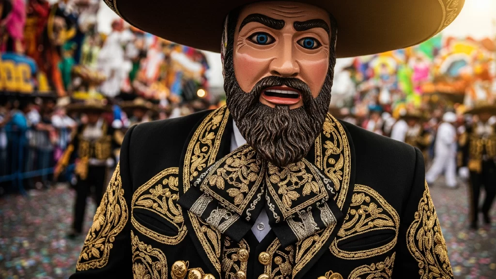 Detalle del traje de charro del carnaval de Chimalhuacán, mostrando el bordado en hilo de oro y la máscara tradicional con barba y ojos azules, reflejando la rica tradición artesanal.