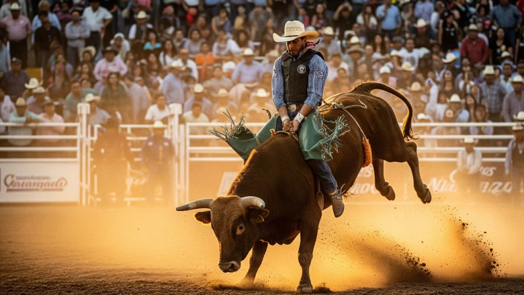 Vaquero mostrando su destreza y valentía montando un toro en un rodeo en Ciudad Juárez, una tradición emblemática del norte de México.