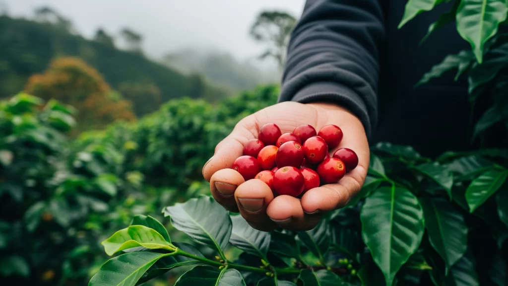 Primer plano de cerezas de café recién cosechadas en Coatepec, Veracruz, mostrando el fruto rojo y brillante que da fama a este Pueblo Mágico.