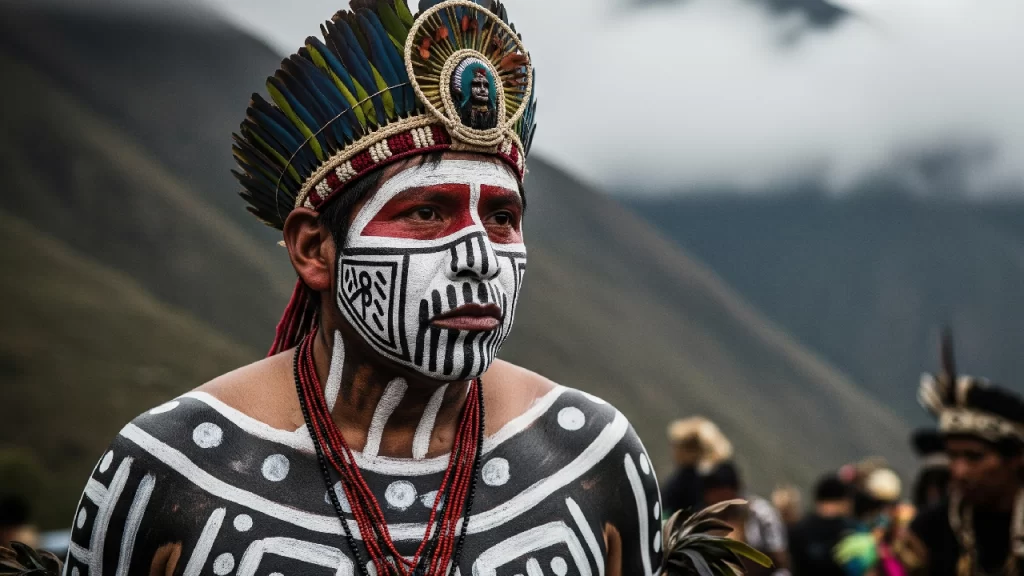 Primer plano de un hombre del pueblo Cora con el cuerpo pintado para el ritual de 'La Judea' de Semana Santa, mostrando la intensidad de las tradiciones en la Sierra del Nayar.