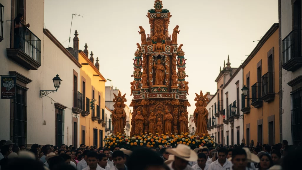 Gigantesca cera monumental, esculpida con motivos religiosos, es llevada en hombros por la comunidad durante la tradicional Fiesta de la Cera en Cortazar, Gto.