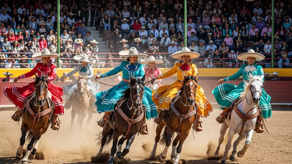 Una Escaramuza Charra realizando una suerte a caballo con sus coloridos vestidos de Adelita, una de las más bellas tradiciones y costumbres de Abasolo, Guanajuato.