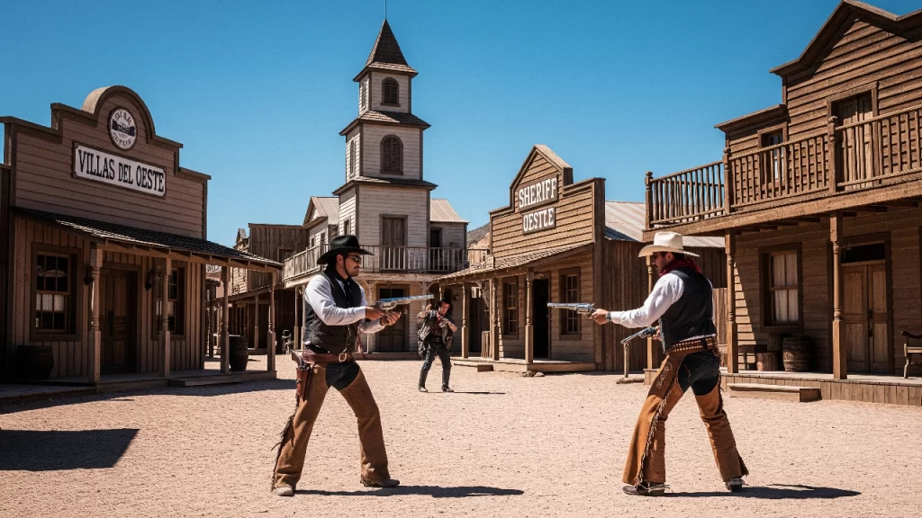 Vaqueros recreando un duelo del Viejo Oeste en un set de filmación, una de las tradiciones y costumbres más singulares de Durango, la Tierra del Cine.