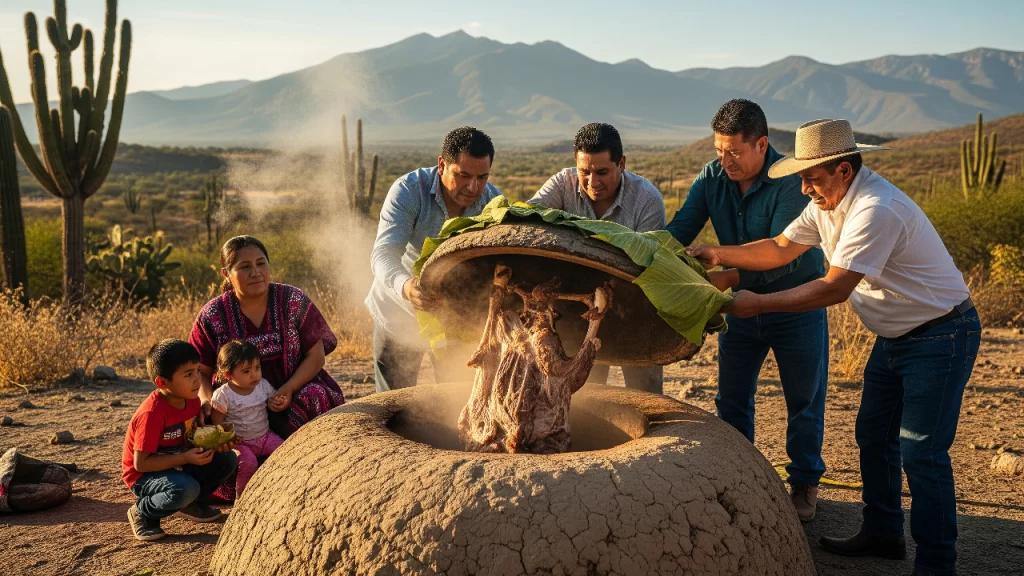 Familia preparando barbacoa de hoyo en el Valle del Mezquital, una de las tradiciones y costumbres gastronómicas más importantes del estado de Hidalgo.