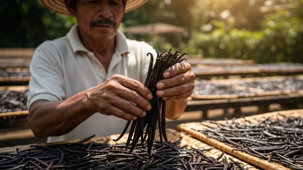 Manos de un productor Totonaca inspeccionando vainas de vainilla durante el proceso de curado en Papantla, la cuna de la tradición de la vainilla.
