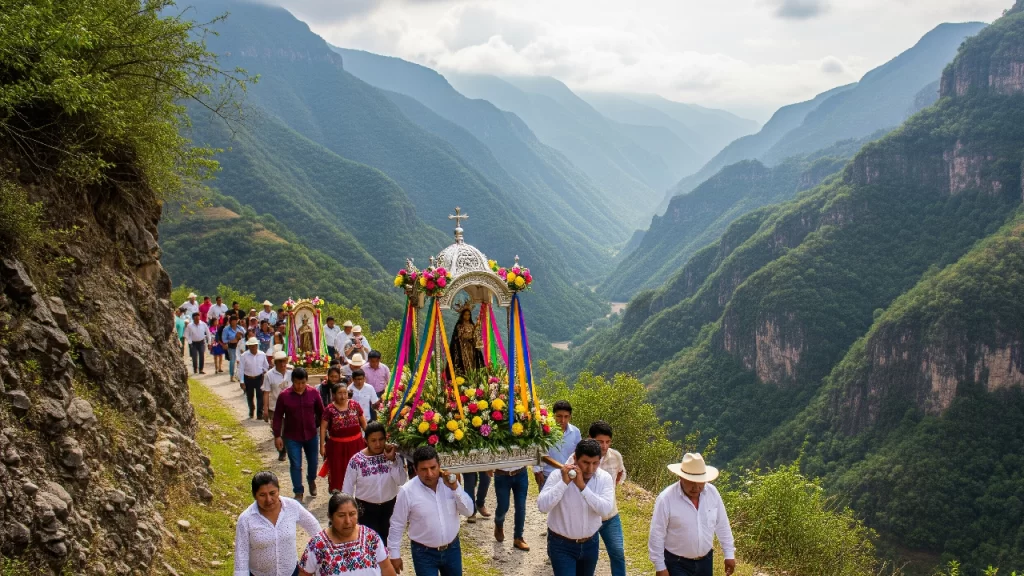 Procesión religiosa avanzando por un camino en las montañas de la Sierra Gorda de Hidalgo, una tradición de fe comunitaria en un paisaje espectacular.