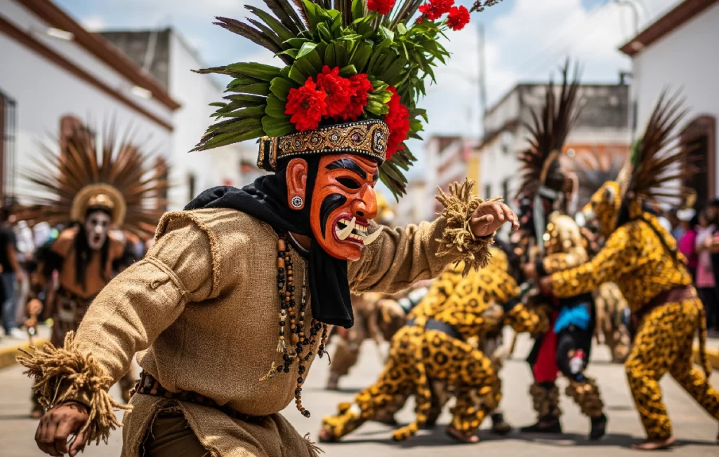 Un danzante 'Cojó' con su máscara de madera y penacho de flores durante la Danza del Pochó, la tradición más emblemática del carnaval de Tenosique, Tabasco.